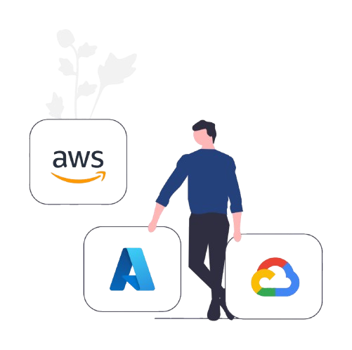 Blue-themed illustration of a person holding icons representing cloud services like AWS, Google Cloud, and Microsoft 365