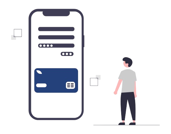 Blue-themed illustration of a person making a payment using a phone, symbolizing easy local payments